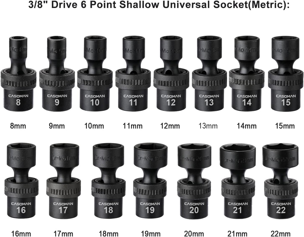 15 PCS 3/8" Drive Standard Universal Impact Socket Set, 6-Point, Metric, 8Mm - 22Mm
