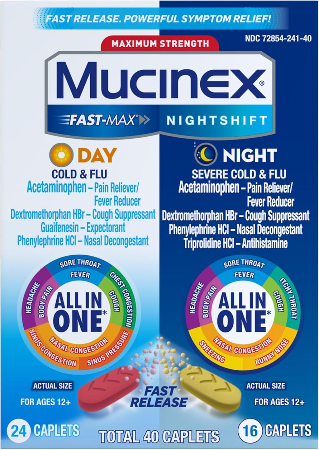 Fast-Max Day Cold and Flu & Nightshift Night Severe Cold and Flu Medicine for Adults, Day/Night Combo Pack for Fever, Sore Throat Relief, Decongestant, Cough & Cold Medicines, 40 Caplets