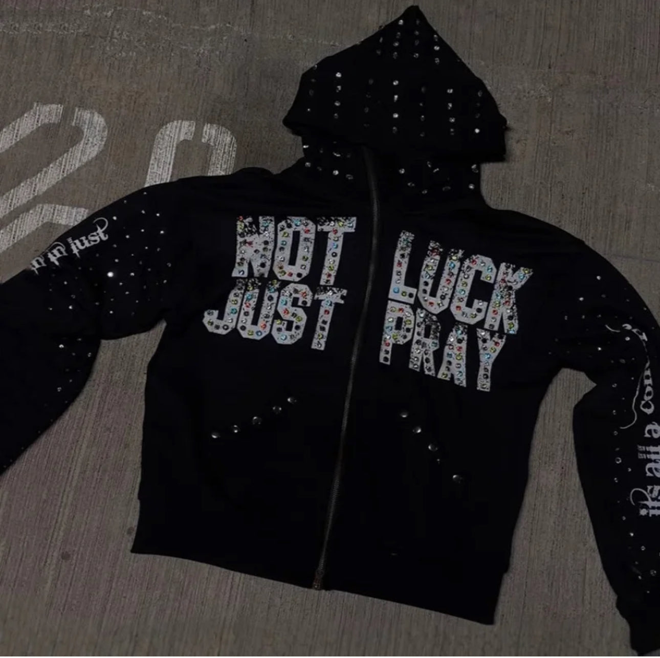 Street Rhinestone Lettering Warm Zip-up Hoodie